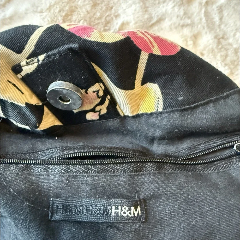 H & M Tropical Floral Fabric Loop Handles Large Bag Purse Bark cloth Style